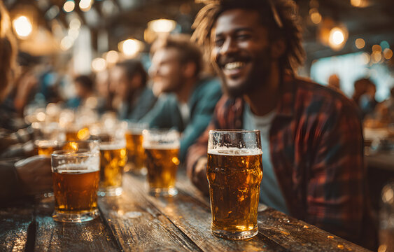 Happy friends group drinking beer at brewery bar restaurant - Friendship concept with young people enjoying time together and having genuine fun at cool vintage pub - Focus on guy