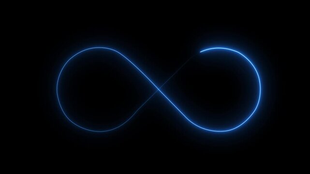 Glowing infinity sign on black background. Animation of seamless loop Neon glowing blue light.Glowing neon infinity symbol clipart animation footage on black background. Seamless loop animation.4k