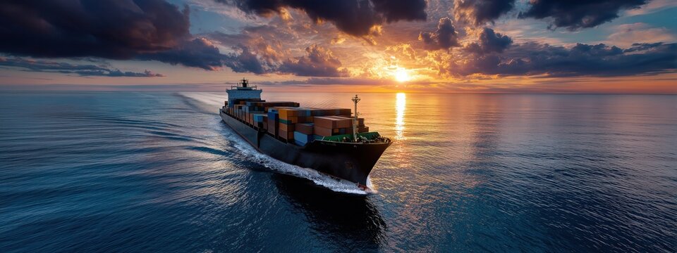 Un cargo noir transportant des conteneurs &agrave; bord, naviguant sur l'oc&eacute;an au coucher du soleil, vue panoramique a&eacute;rienne, concept de commerce international.