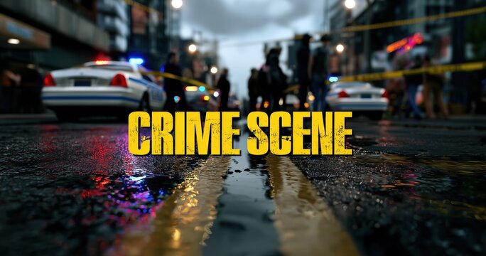 Une scène de crime avec le texte « crime scène » en anglais, en jaune au centre de l'image, avec des voitures de police en arrière-plan et des personnes rassemblées autour.