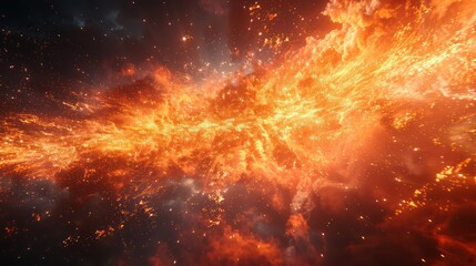 Fototapeta premium A vibrant, fiery expanse of space, filled with swirling, orange-toned flames and scattered stars, creates a dramatic and awe-inspiring celestial scene.