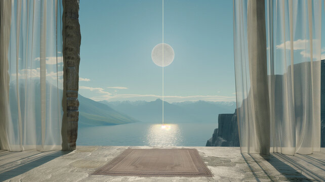 Fototapeta Dreamlike Cosmic Alignment of Sun and Moon Seen from Balcony with Mountains and Ocean – Surreal Digital Art