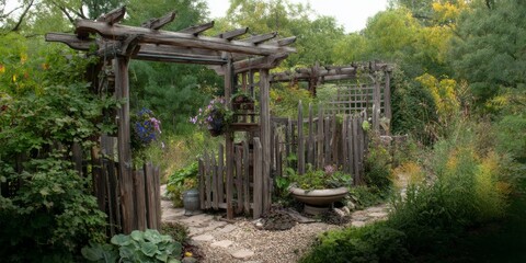 An old wooden gate on a country path leads through an autumn landscape of trees and a weathered fence