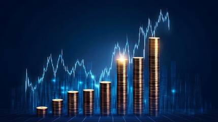 Fototapeta premium Rising Gold Coins Stacks with Upward Stock Market Chart