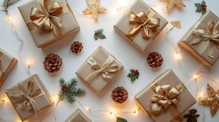 Flat lay of christmas decorations, gift boxes, pine cones, warm lights, white background, cozy and festive mood