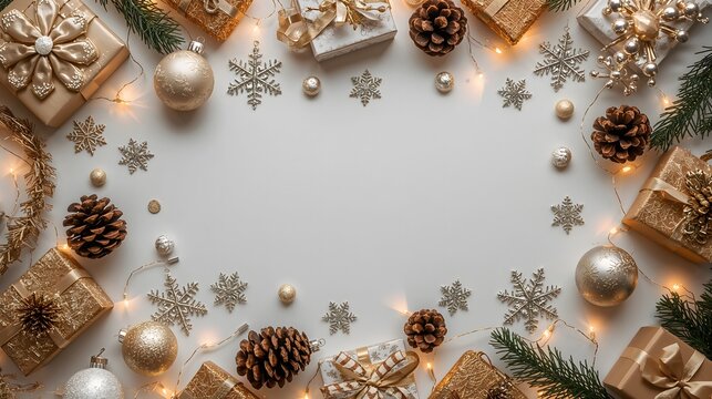 Flat lay of christmas decorations, gift boxes, pine cones, warm lights, white background, cozy and festive mood