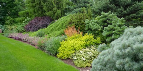 Obraz premium A winding footpath leads through a sun-dappled summer garden in the park, surrounded by lush trees, green grass, and colorful flowers