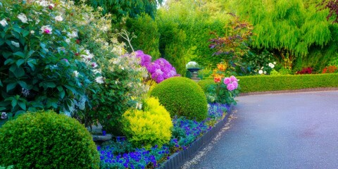 Obraz premium A scenic park garden with colorful flowers and green plants along a winding path