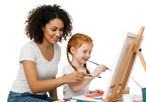 Creative painting session with mother and child home studio art activity bright and cheerful environment eye-level bonding and creativity. Cut out PNG