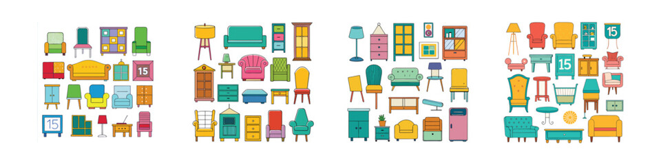 A set of colorful flat design icons representing various furniture pieces and home interior objects
