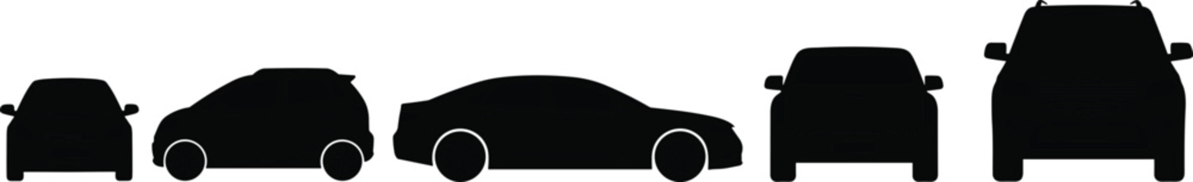 Car size comparison silhouettes, compact to SUV, black vector illustration, vehicle profile icons, CAD drawing, auto design clipart