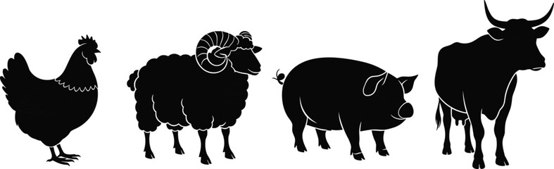 Farm animal silhouette set, chicken sheep pig cow icons, black vector illustration, agriculture clipart, livestock graphics, rural lifestyle art