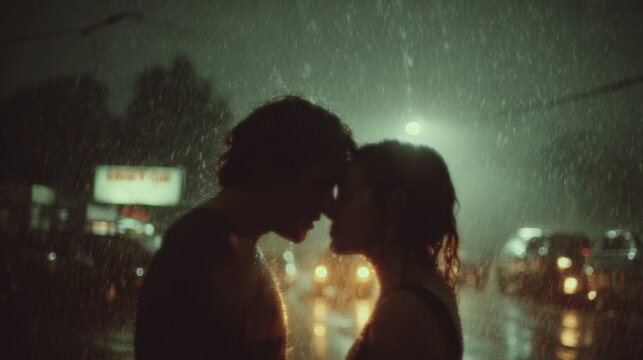 Romantic couple sharing a tender moment in the pouring rain on a city street at night