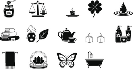 Wellness icon set, spa self-care vector, honey candle towel lotus bathtub teapot clover butterfly leaf, black silhouette clipart