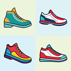 Colorful cartoon sneakers and casual shoes illustration-Vector illustration showing four different cartoon sneakers in bright colors, ideal for fashion design, sports themes, or playful creative proje