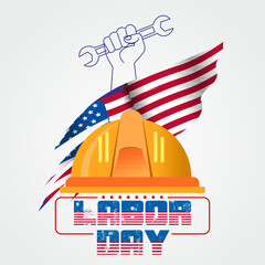 Hand Drawn Happy Labor Day Vector Poster with Flag, Worker Hand and Tools