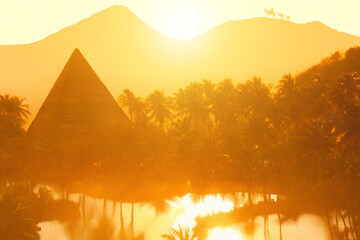 A silhouette of a pyramid against a golden sunset, surrounded by palm trees and a reflective water body, with mountains in the background