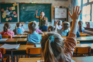 Elementary school classroom scene with a child raising their hand