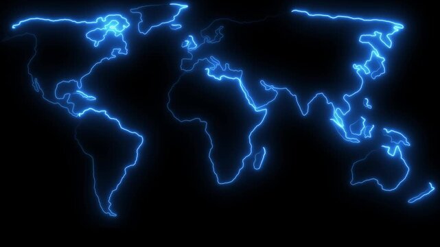 Neon glowing white world map icon animation.Neon glowing map with.animation World map travel across continents.Neon glowing Green world map icon animation. Glowing neon line Map icon.