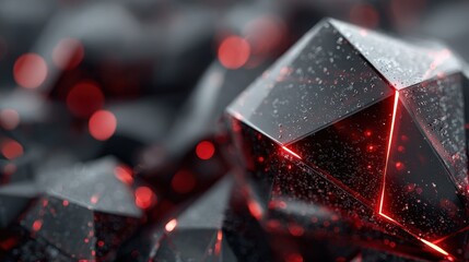 Abstract 3D rendering of a dark polyhedron with glowing red lines and water droplets on its surface