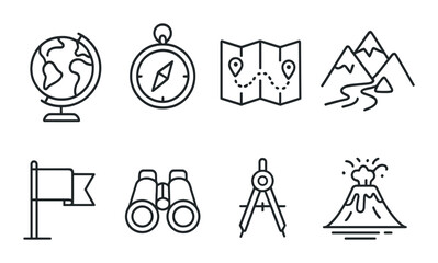 Outline icons of travel exploration elements: globe, compass, map, mountains, flag, binoculars, compass, volcano