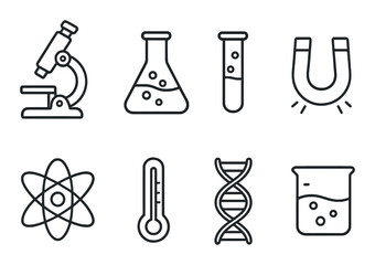 Scientific icons on dark background: microscope, beaker, test tube, magnet, atom, thermometer, dna, flask