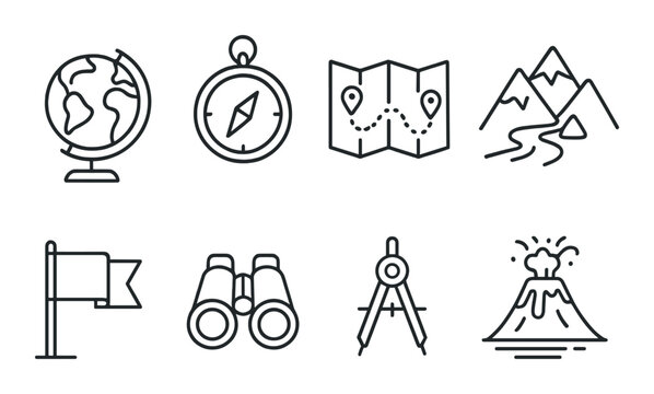 Outline icons of travel exploration elements: globe, compass, map, mountains, flag, binoculars, compass, volcano