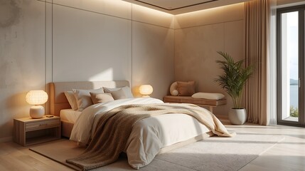 modern minimal bedroom with natural tones, cozy blankets, soft lighting, wellness interior design,