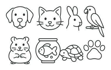 Outline icons of pets: dog, cat, rabbit, parrot, hamster, fish, turtle, paw print