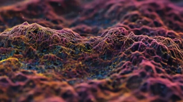 Abstract landscape featuring a rugged surface with weblike textures primarily in shades of purple orange and blue