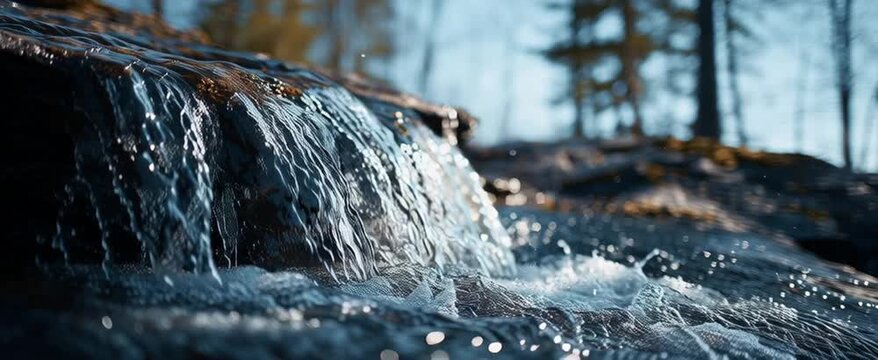 A close-up of the cascading water at Abby Gillen Falls in Finland, capturing its motion and colors The focus is on the contrast between the light blue sky above and the dark rocks below Generative AI