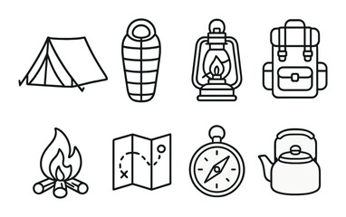 Camping icons: tent, sleeping bag, lantern, backpack, campfire, map, compass, kettle