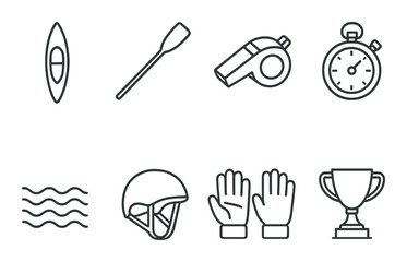 Minimalist icon set of kayak, sports equipment, and trophy on dark background