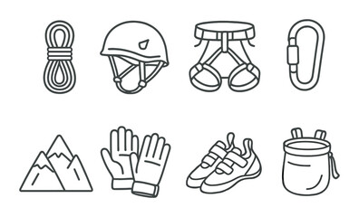 Essential rock climbing gear: rope, helmet, harness, carabiner, gloves, shoes, chalk bag