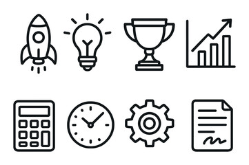 Business icons: rocket, light bulb, trophy, graph, calculator, clock, gear, document