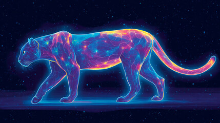 Glowing panther with digital fractals and cosmic light