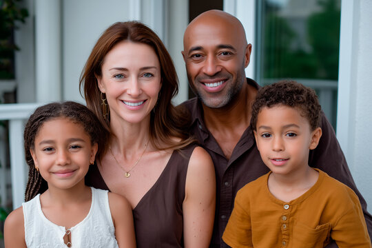 Happy biracial family smiling together at home