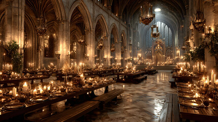 3D illustration of medieval great hall dining room with tables set for a royal feast.