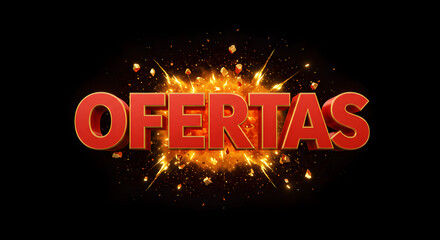 Letreiro 3D de “OFERTAS” em vermelho vibrante com efeito explosão, cercado por faíscas douradas e fundo escuro com partículas brilhantes