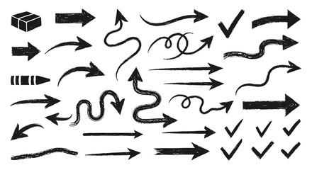 A diverse collection of hand-drawn black arrows, pointers, and checkmarks in various doodle and sketch styles.
