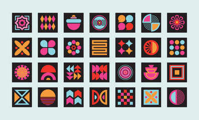 Colorful isolated geometrical minimal signs icons on square black stickers set design elements with light blue background poster