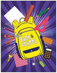 A book bag surrounded by school supplies.