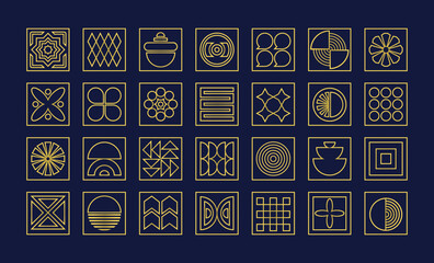 Golden like linear square geometrical isolated and modern sign and symbol icons set icons design elements set on dark blue background