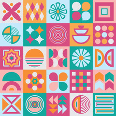 Pink, orange and teal abstract modern minimal geometrical shapes flat retro style square tile