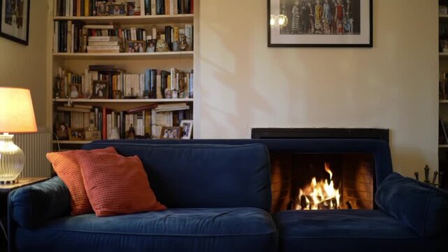 A cozy living room featuring a blue sofa, fireplace, and bookshelf in a warm setting