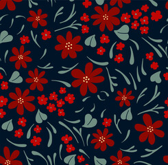 Pattern  repeat red flowers on navy background with green leaves. Flowery pattern. 