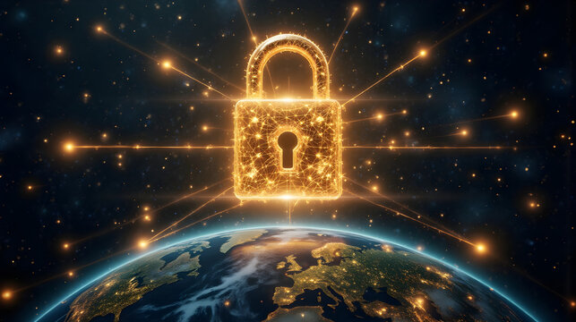 Leuchtendes Schloss &uuml;ber der Erde &ndash; Symbol f&uuml;r globale Datensicherheit &ndash; Digitales Cyber-Sicherheits-Wallpaper