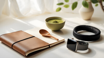 balanced lifestyle flat lay, notebook, matcha tea, black tea, headphones, smart watch, clean minimal desk setup