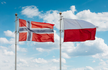 Norwegian and Polish Flags Waving Against Blue Sky