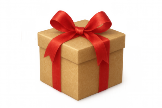 Closed beige gift box tied with red ribbon on transparent background, perfect for celebrations and special occasions